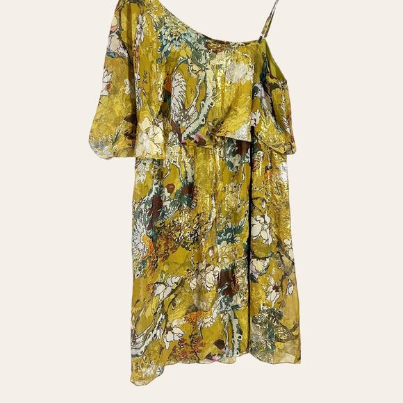 Hemant and Nandita Yellow Silk Metallic One Shoulder Mini Dress Size M - Picture 1 of 8